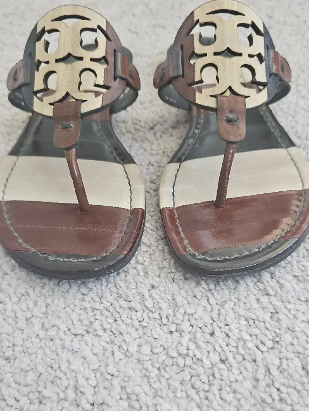 Tory Burch Brown and Cream Logo Leather Sandals